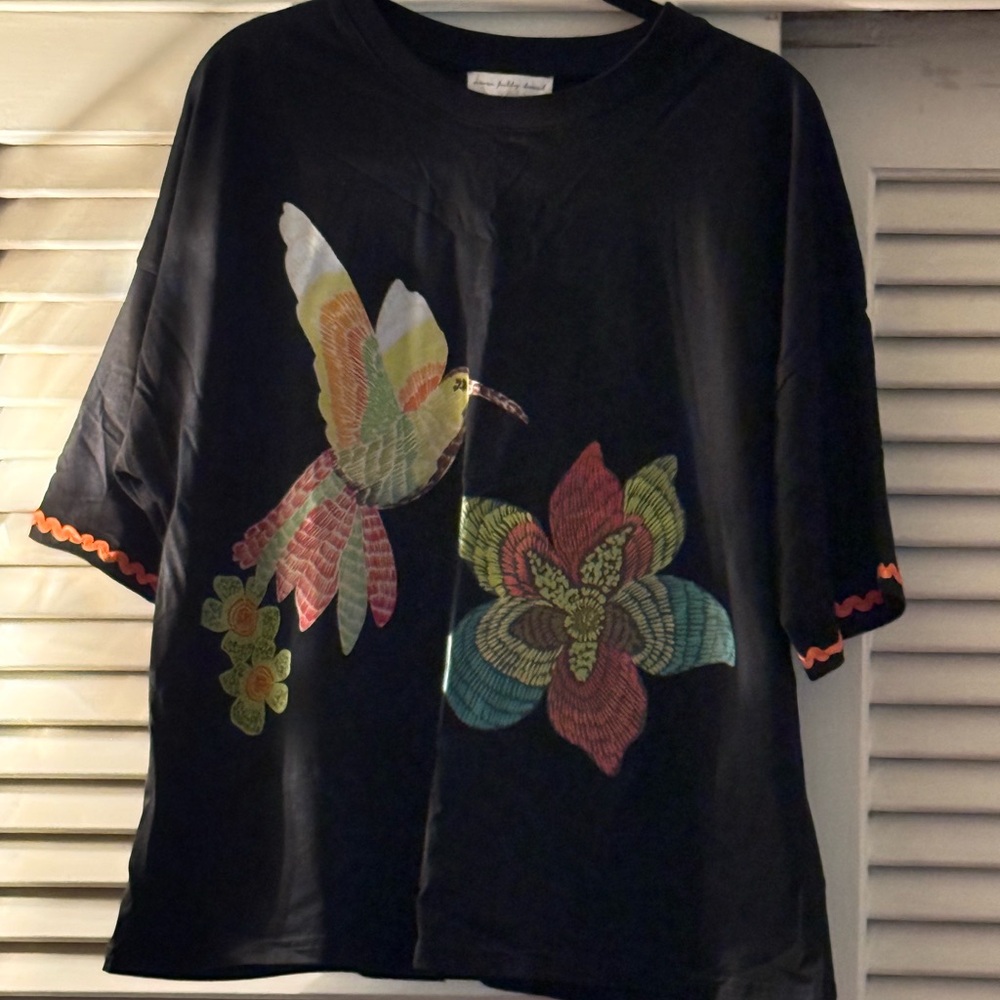 Never Fully Dressed Black Top with Multicolor Bird and Flower Design